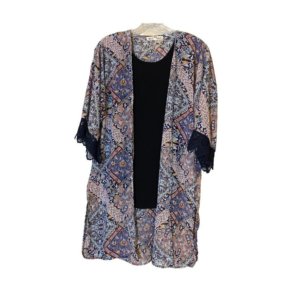 NWOT Wall Flower Sz M Boho Kimono Coverup Geometric Florals & Paisley Lace Trim